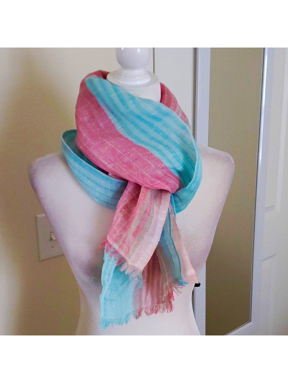 J. McLaughlin Striped Linen Cotton Scarf Frine Multicolor EUC #1112 21×70